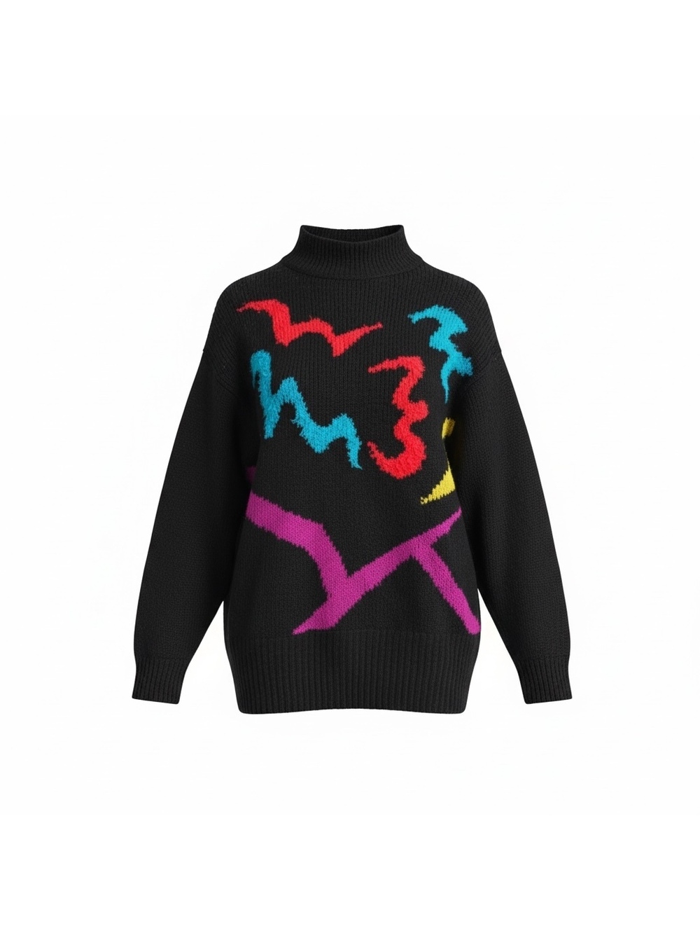 Vintage Black Multicolor Abstract Turtleneck Sweater